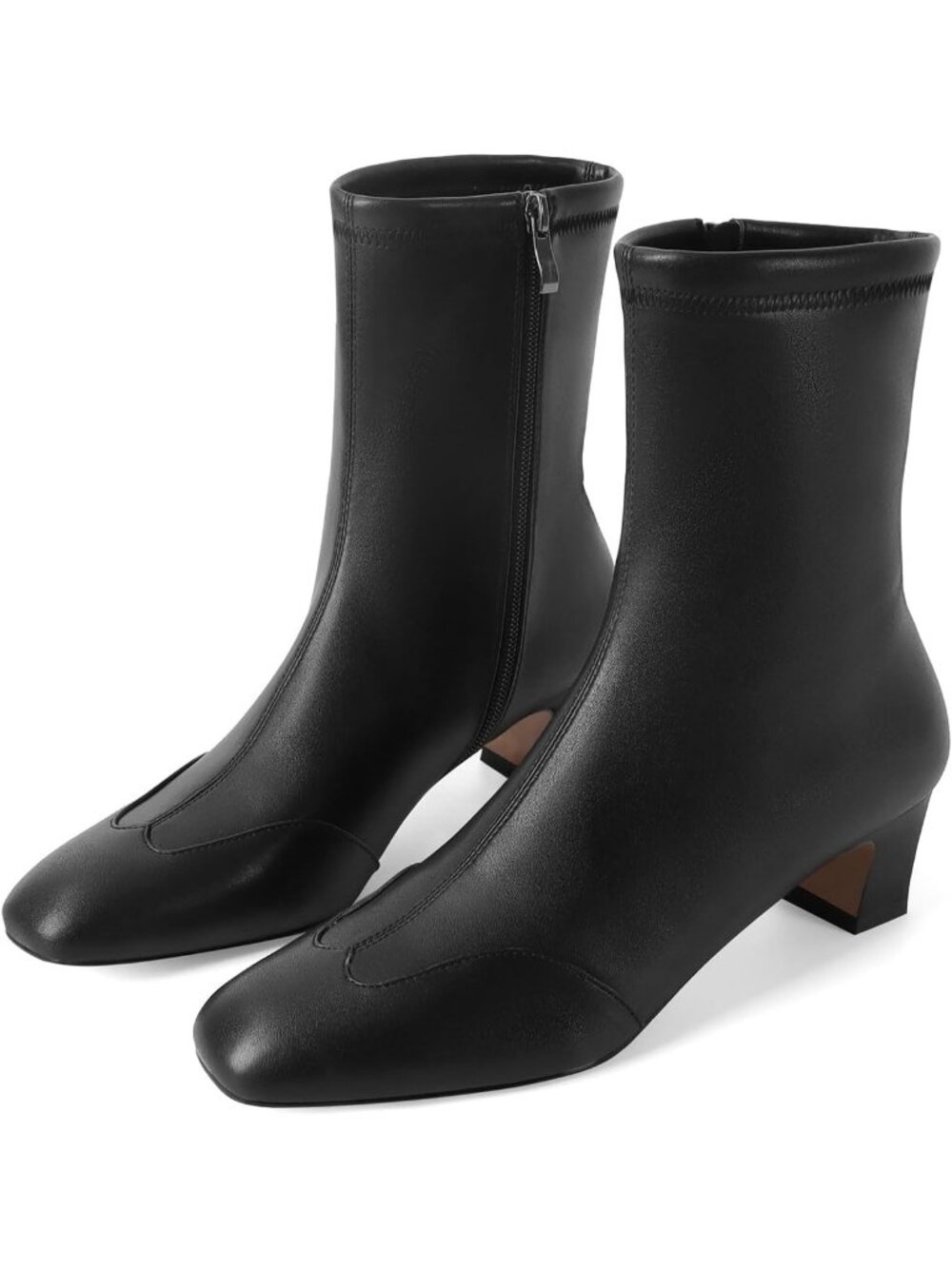Women's Black Faux Leather Square Toe Chunky Low Heel Booties with Side Zipper